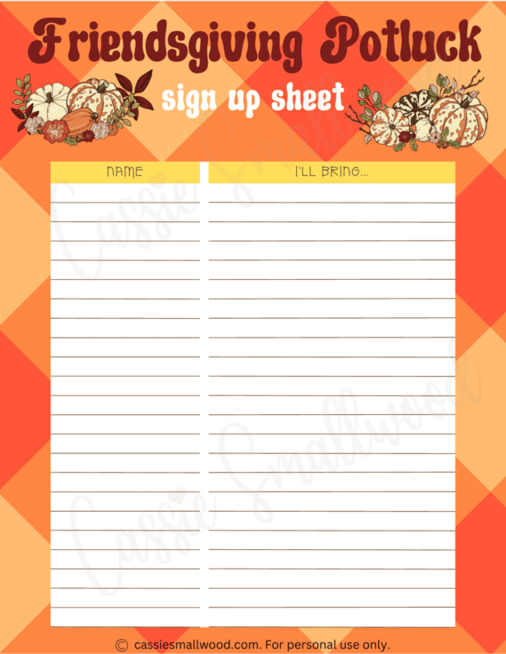 Thanksgiving Sign Up Sheet Printable