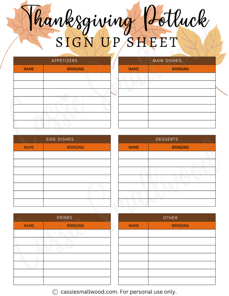 10 Cute Thanksgiving Potluck Sign Up Sheets - Cassie Smallwood with regard to Printable Thanksgiving Potluck Sign Up Sheet