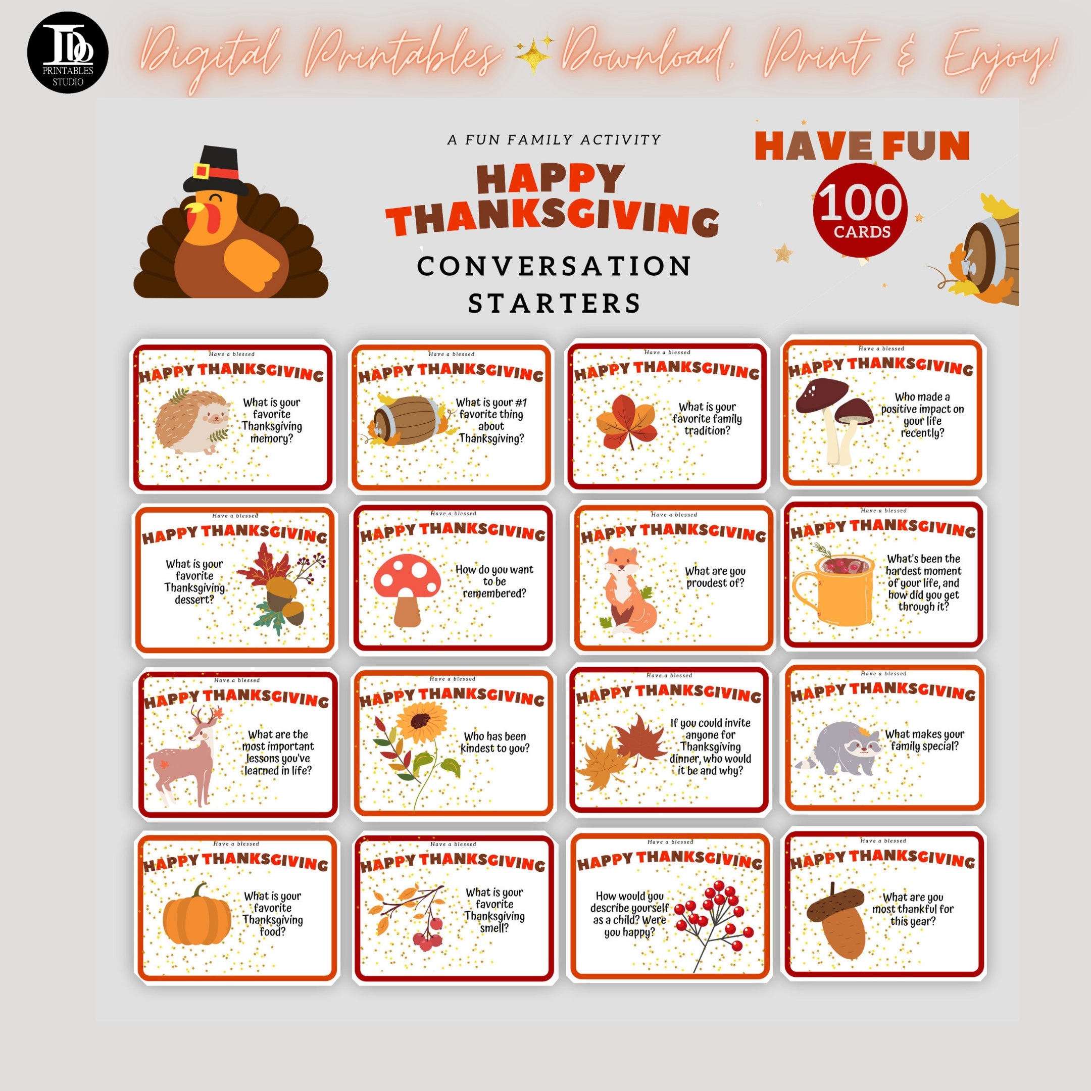 100 Thanksgiving-Gesprächsstarter | Thanksgiving-Familienaktivität | Thanksgiving Dinner Spiel | Lustige Familien-Erntedankparty Zum Ausdrucken! intended for Thanksgiving Dinner Cards