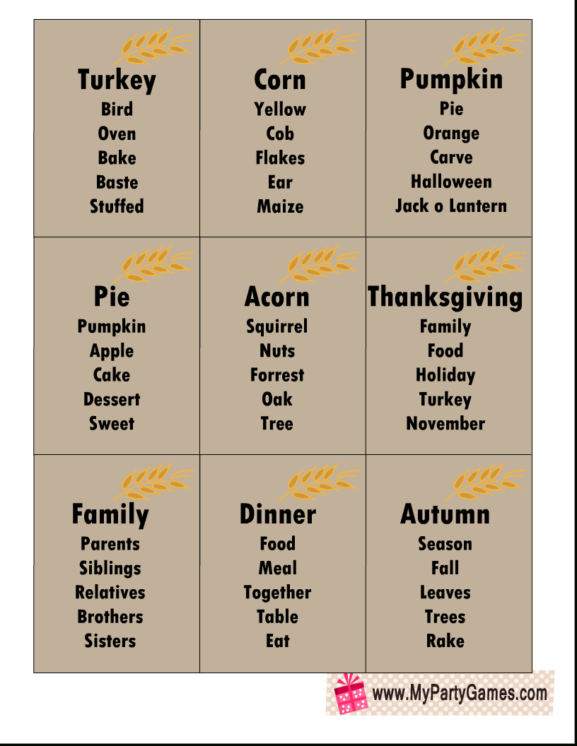 14 Free Printable Thanksgiving Taboo Inspired Game Cards intended for Free Printable Thanksgiving Taboo Cards