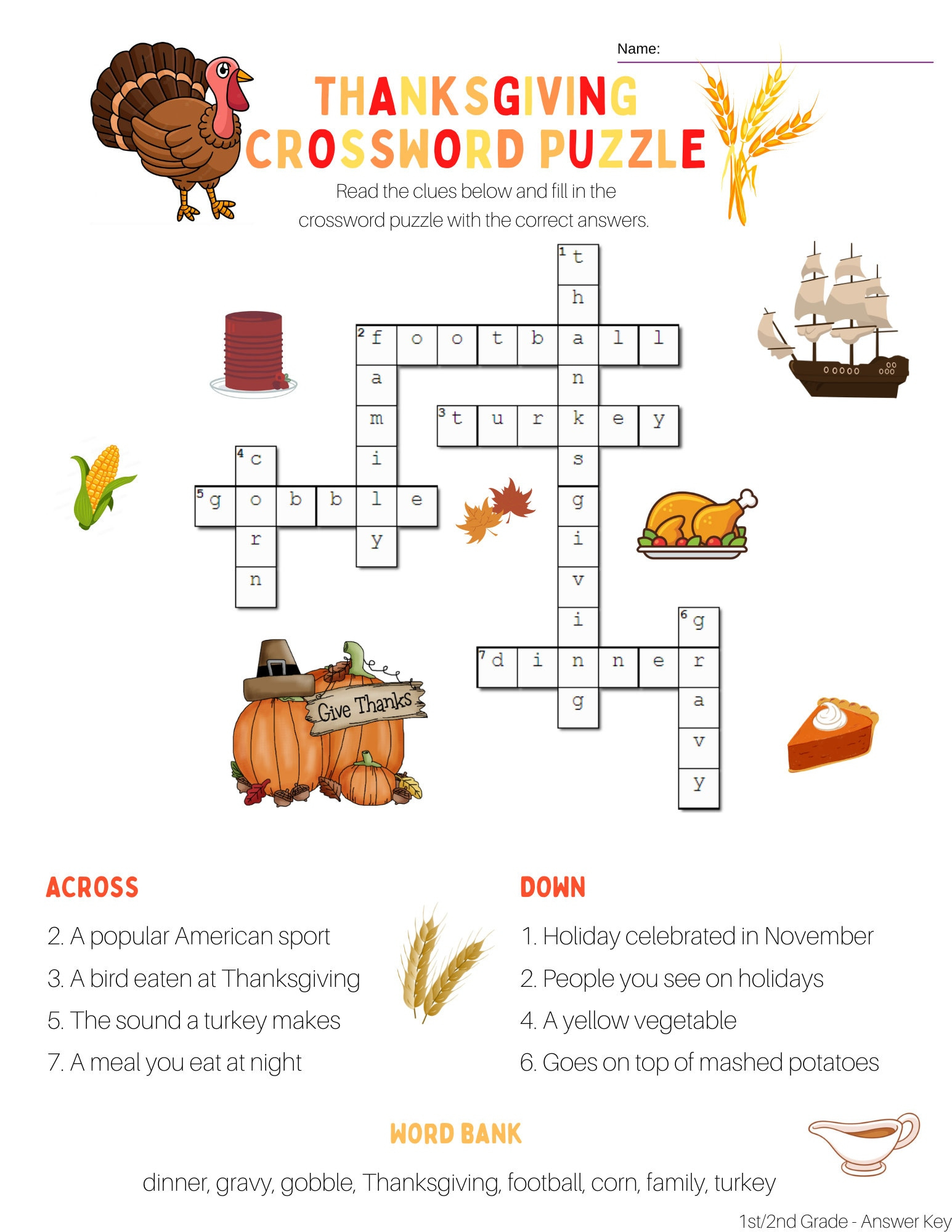 2Nd Grade Thanksgiving Crossword Puzzle With Word Bank And Answer with regard to Thanksgiving Crossword Puzzle Worksheet Answer Key