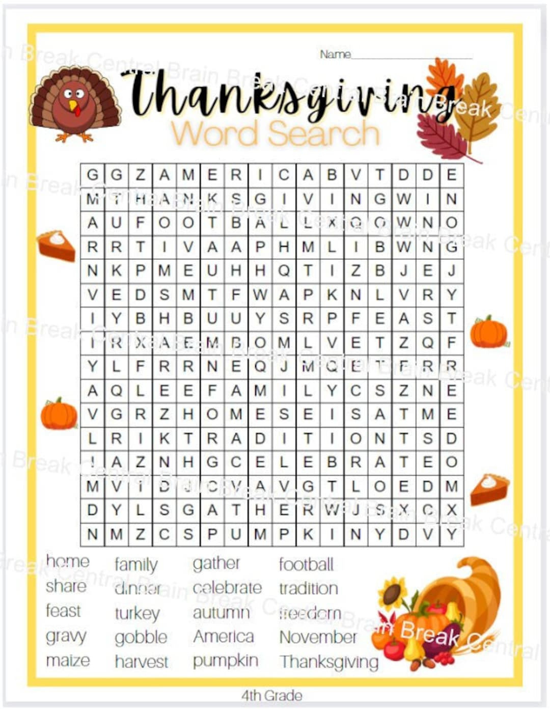 4Th Grade Thanksgiving Word Search With Answer Key, Printable - Etsy within 4Th Grade Thanksgiving Worksheets