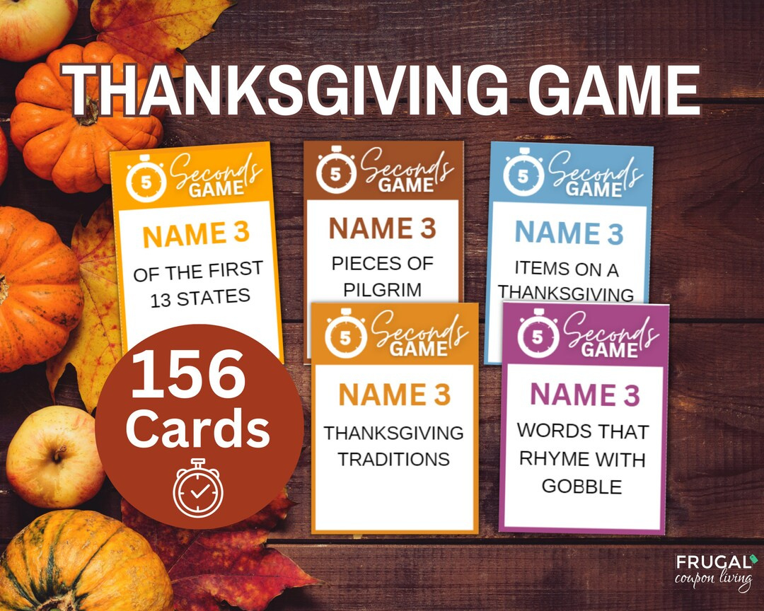 5 Second Thanksgiving Game Printable, 156 5-Second Game Cards for Thanksgiving Cards Games