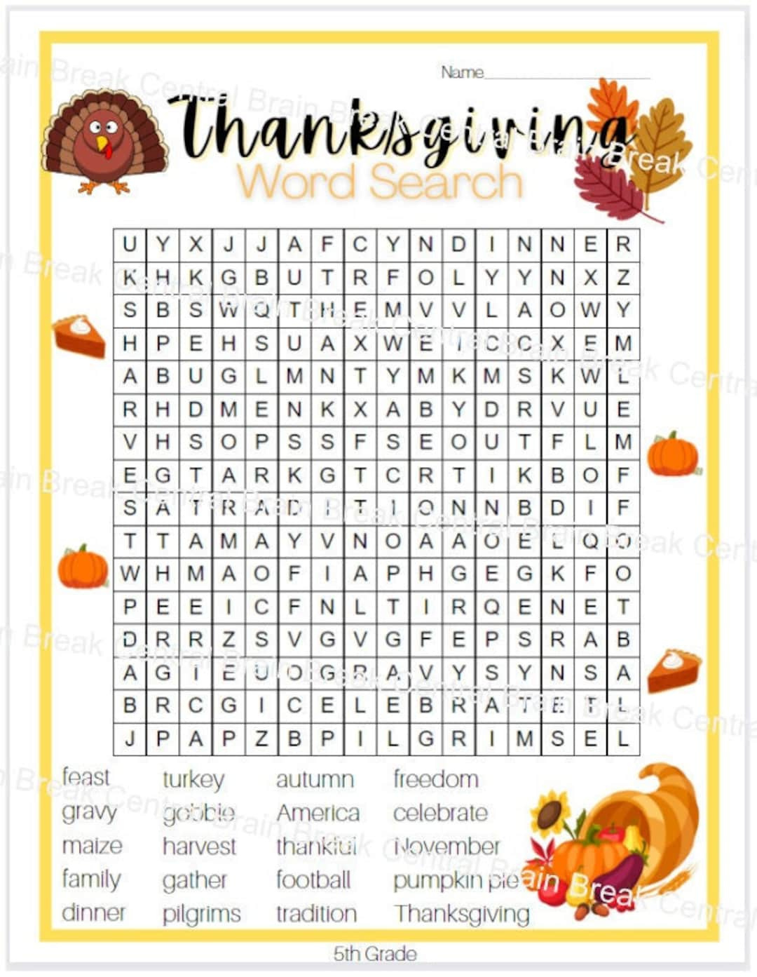 5Th Grade Thanksgiving Word Search With Answer Key, Printable - Etsy throughout Thanksgiving Worksheet 5th Grade