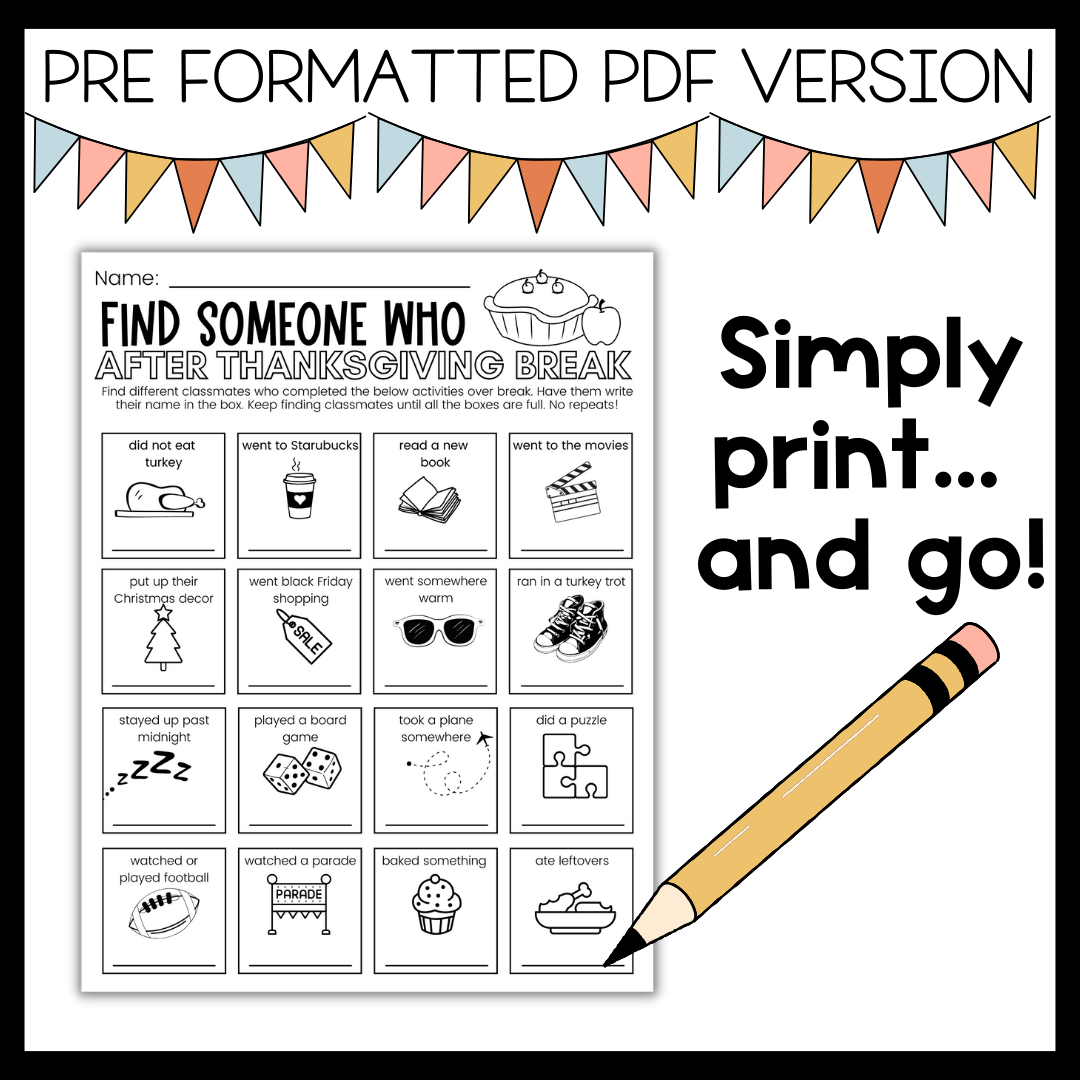 After Thanksgiving Break Activity - Editable Find Someone Who for Thanksgiving Break Worksheet