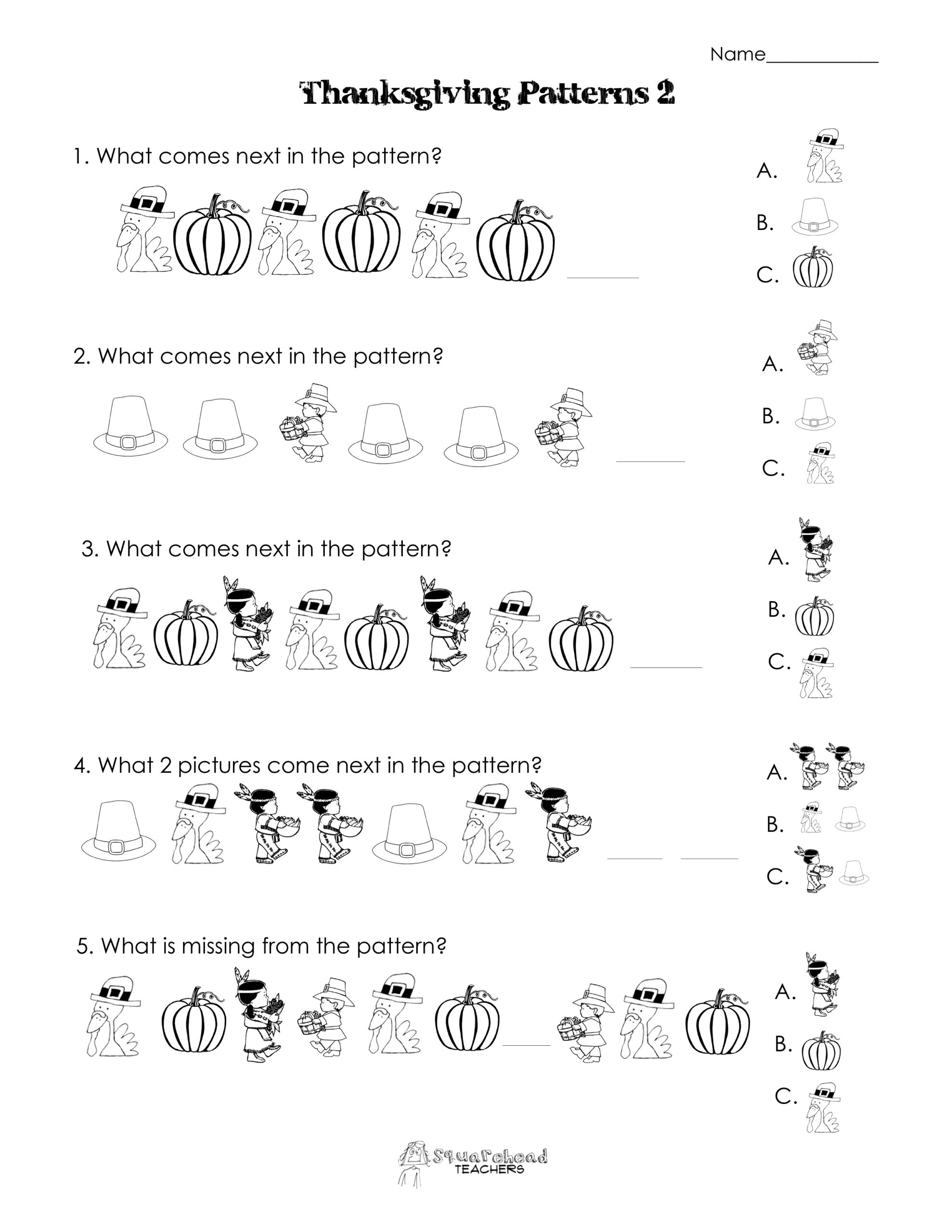 Another Thanksgiving Patterns Worksheet (K-2Nd) | Squarehead Teachers with Free Printable Thanksgiving Worksheets For 2Nd Grade