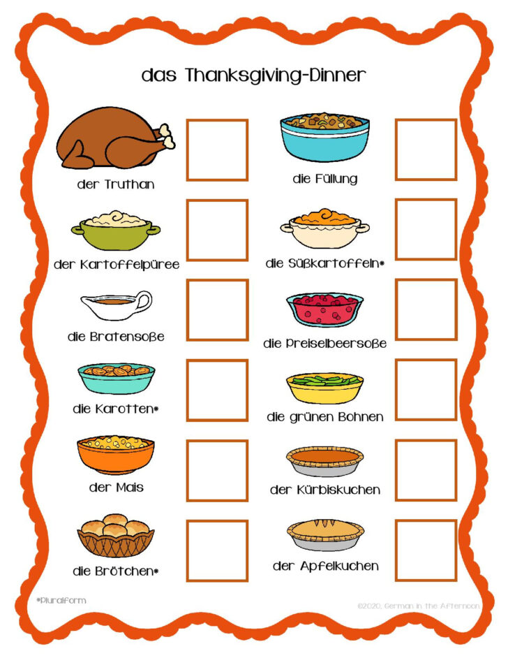 Thanksgiving Dinner Worksheet Answers