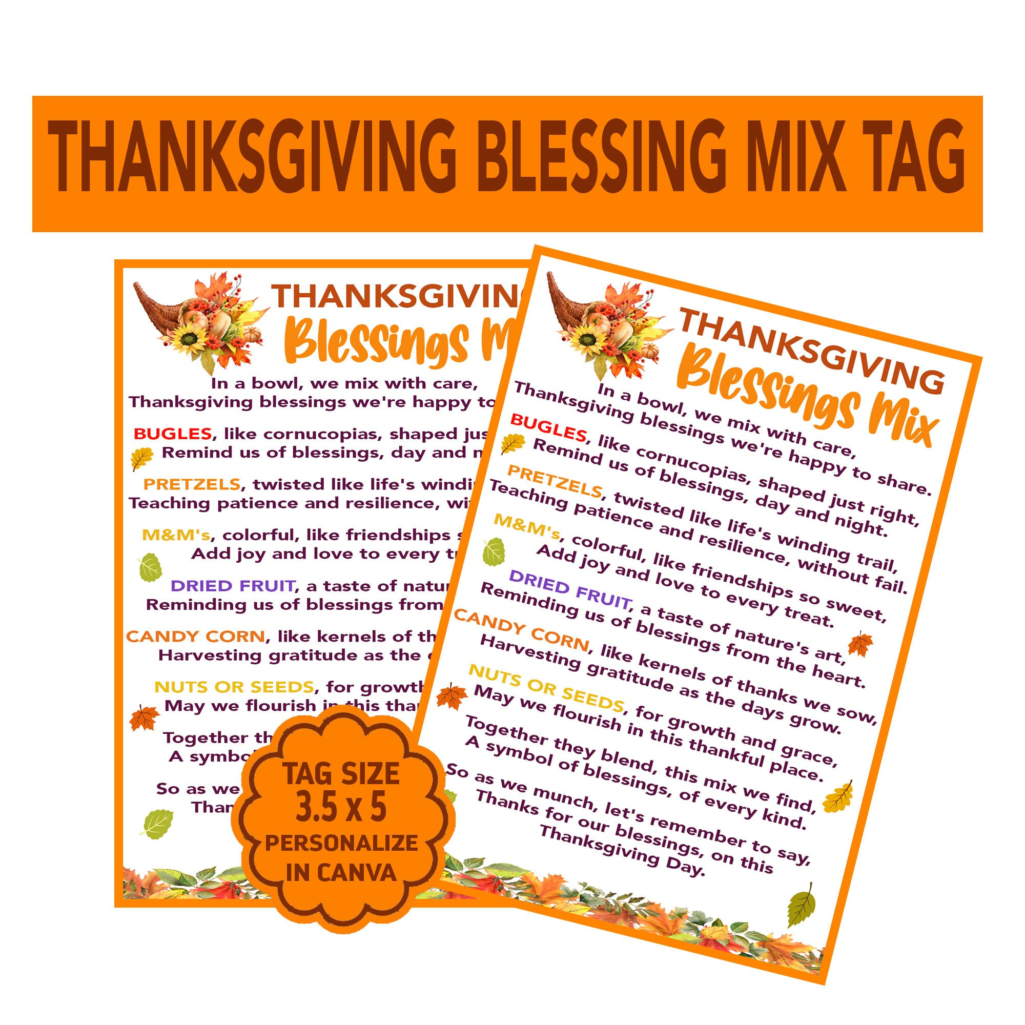 Blessings Mix Tags, Snack Mix Tags, Thanksgiving Gift Tags, Candy intended for Thanksgiving Blessing Mix Poem Printable