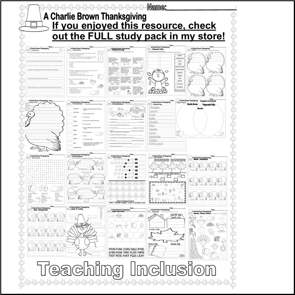 Charlie Brown Thanksgiving Reading Comprehension Story Sequencing intended for Charlie Brown Thanksgiving Worksheet