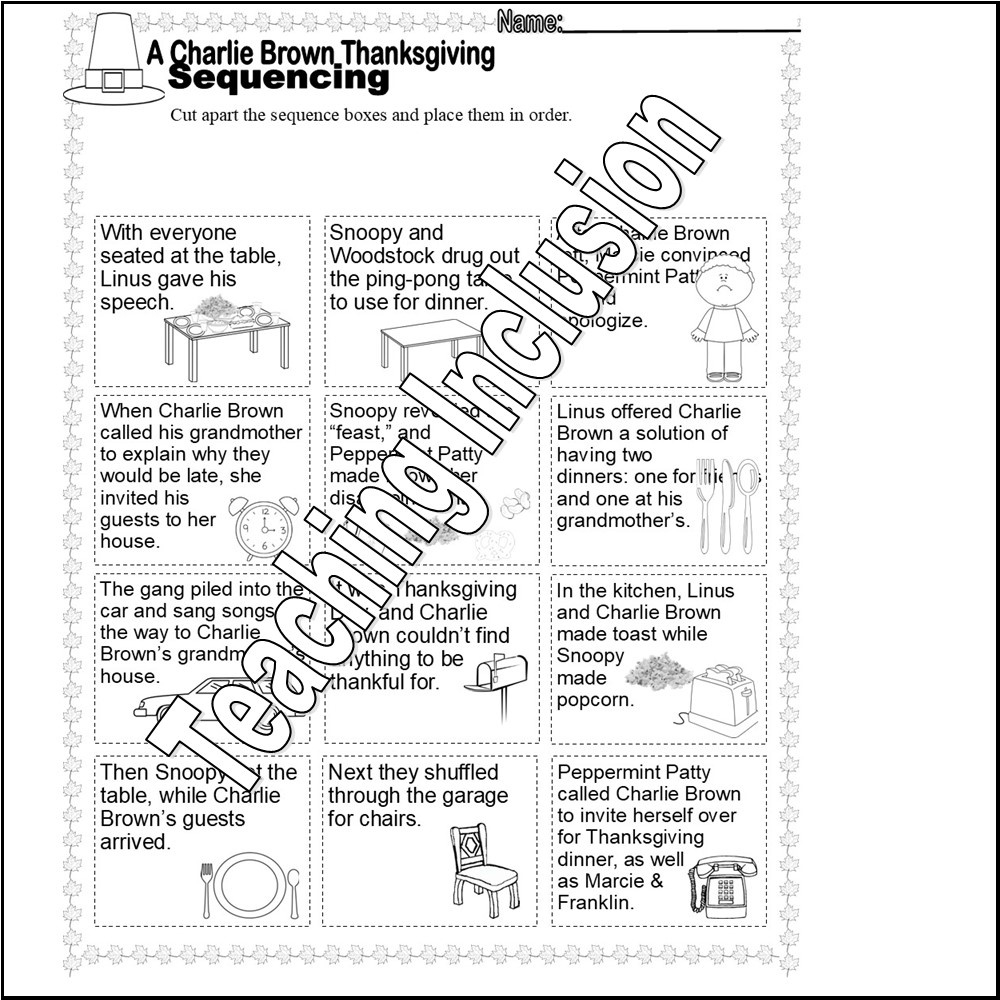 Charlie Brown Thanksgiving Reading Comprehension Story Sequencing pertaining to A Charlie Brown Thanksgiving Worksheet