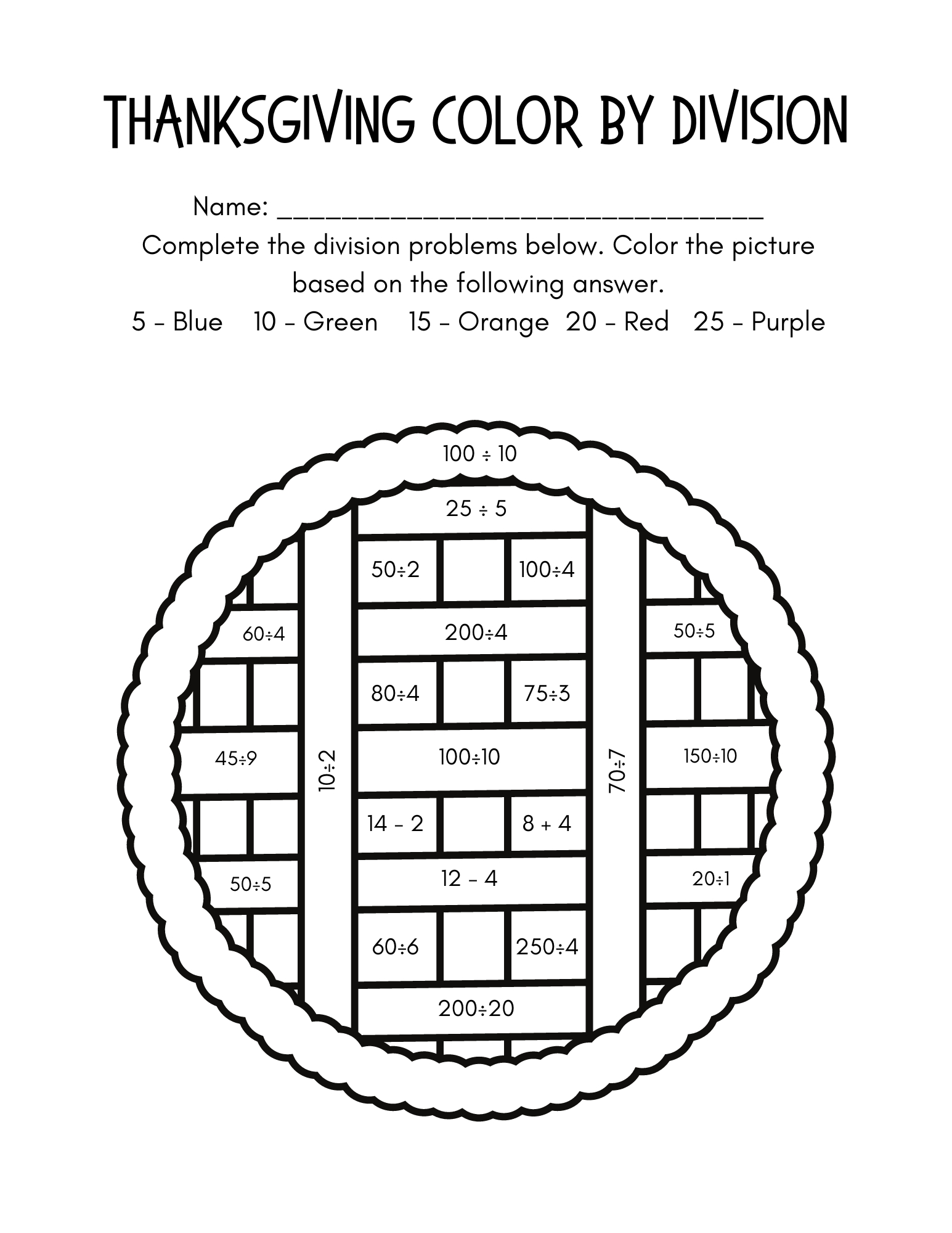 Colordivision Thanksgiving Free Math Worksheets throughout Thanksgiving Math Worksheets 5th Grade