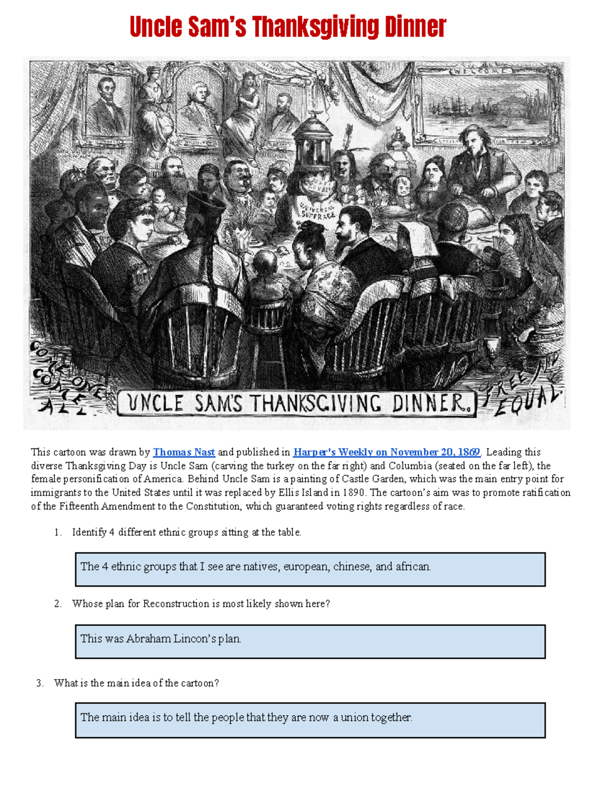 Copy Of Thanksgiving Cartoon Analysis - Uncle Sam&amp;#039;S Thanksgiving regarding Uncle Sam&amp;amp;#039;s Thanksgiving Dinner Worksheet Answers