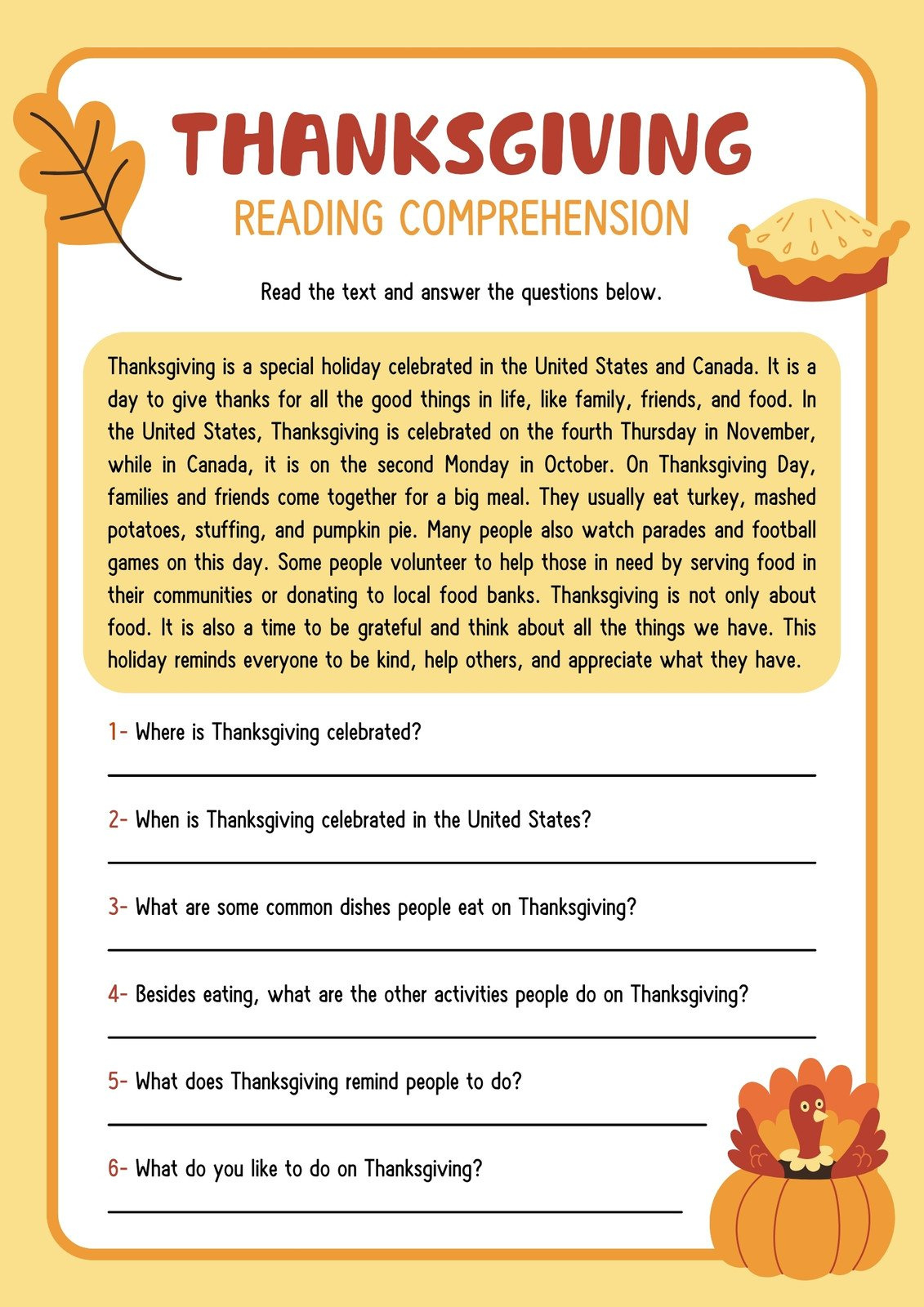 Customize 261+ Thanksgiving Worksheet Templates Online - Canva for Thanksgiving Reading Comprehension Worksheets