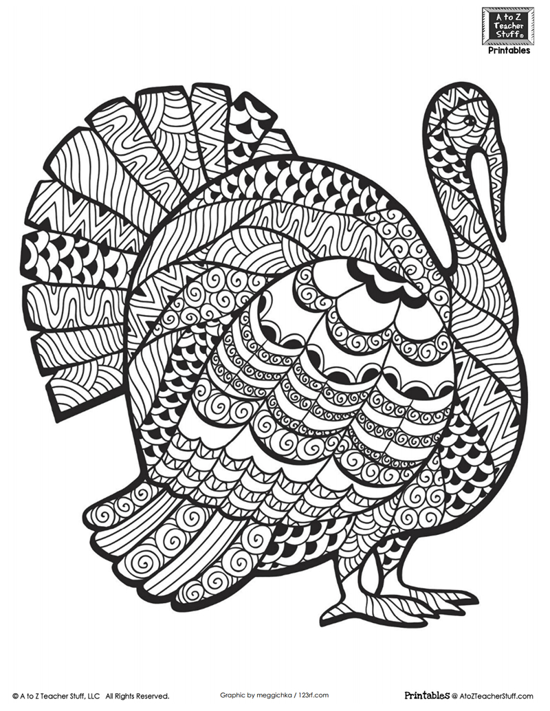 Detailed Turkey Advanced Coloring Page | A To Z Teacher Stuff regarding Free Printable Adult Thanksgiving Coloring Pages