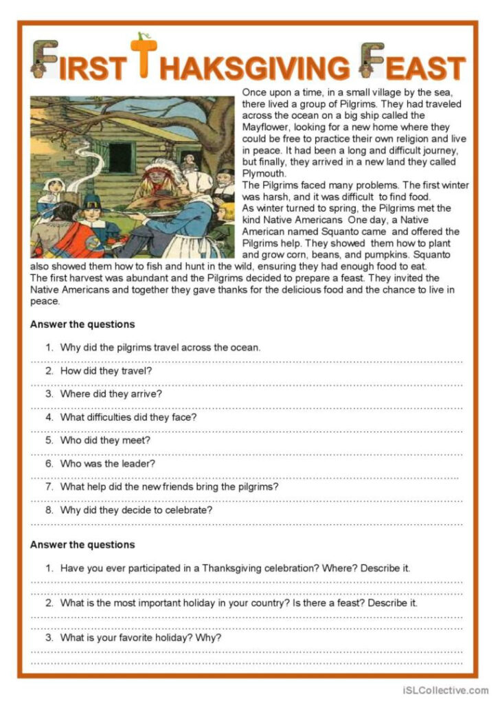 The First Thanksgiving Worksheet Answers