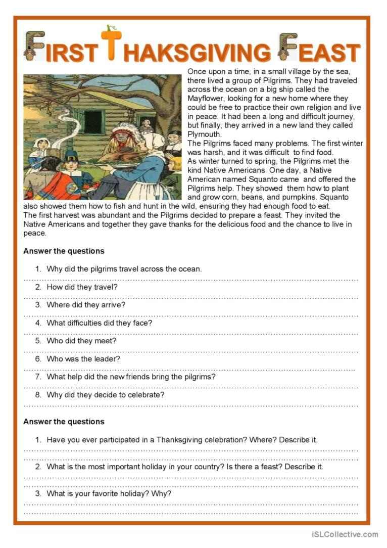 Easy Reading - First Thanksgiving Fe…: English Esl Worksheets Pdf intended for The First Thanksgiving Worksheet Answers