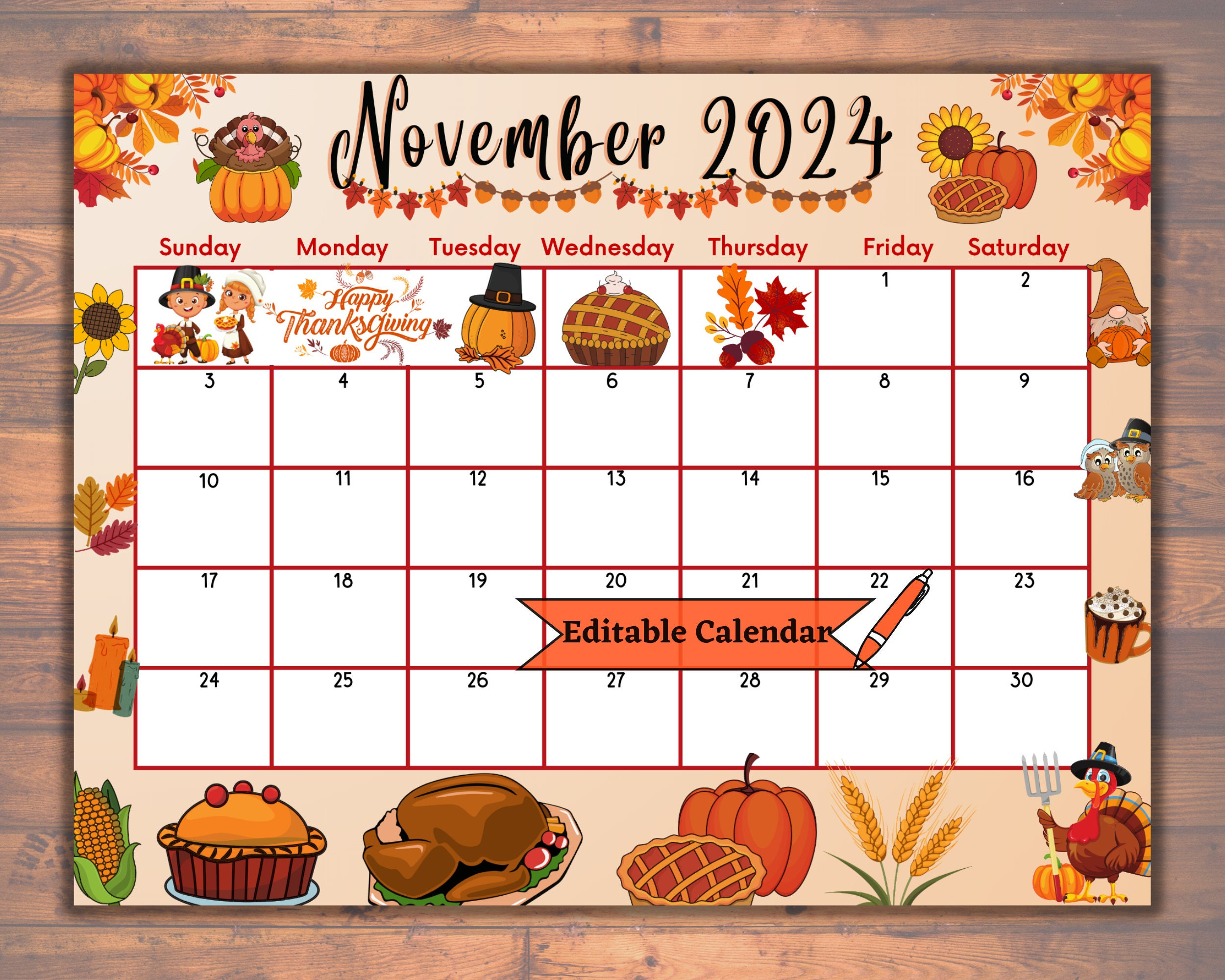 Editable November 2024 Calendar, Fillable, Printable, Happy inside November 2024 Calendar Thanksgiving Printable