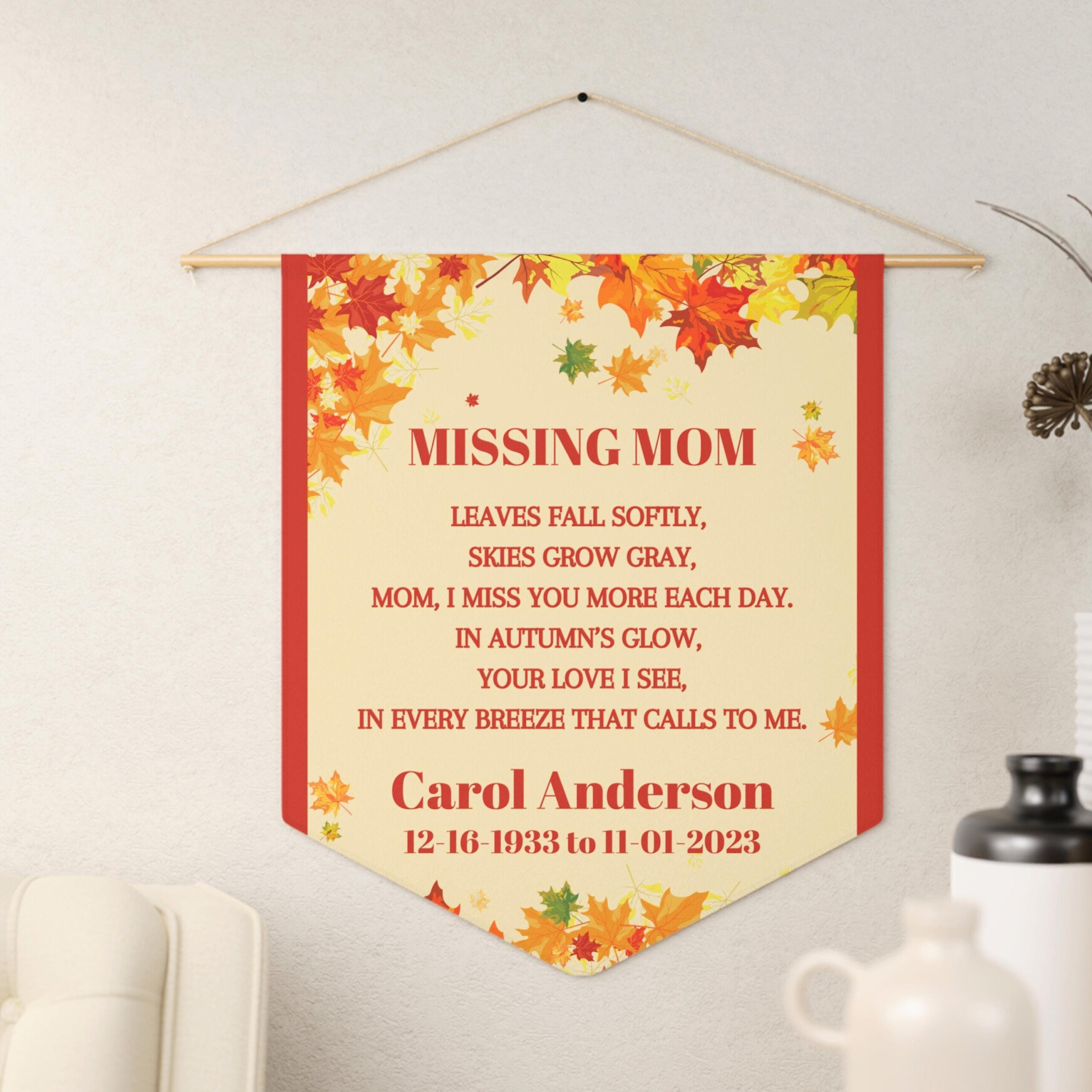 Fall Mom Memorial Gift, Personalized Autumn Leaves Banner, Missing for Thanksgiving Cards For Mother