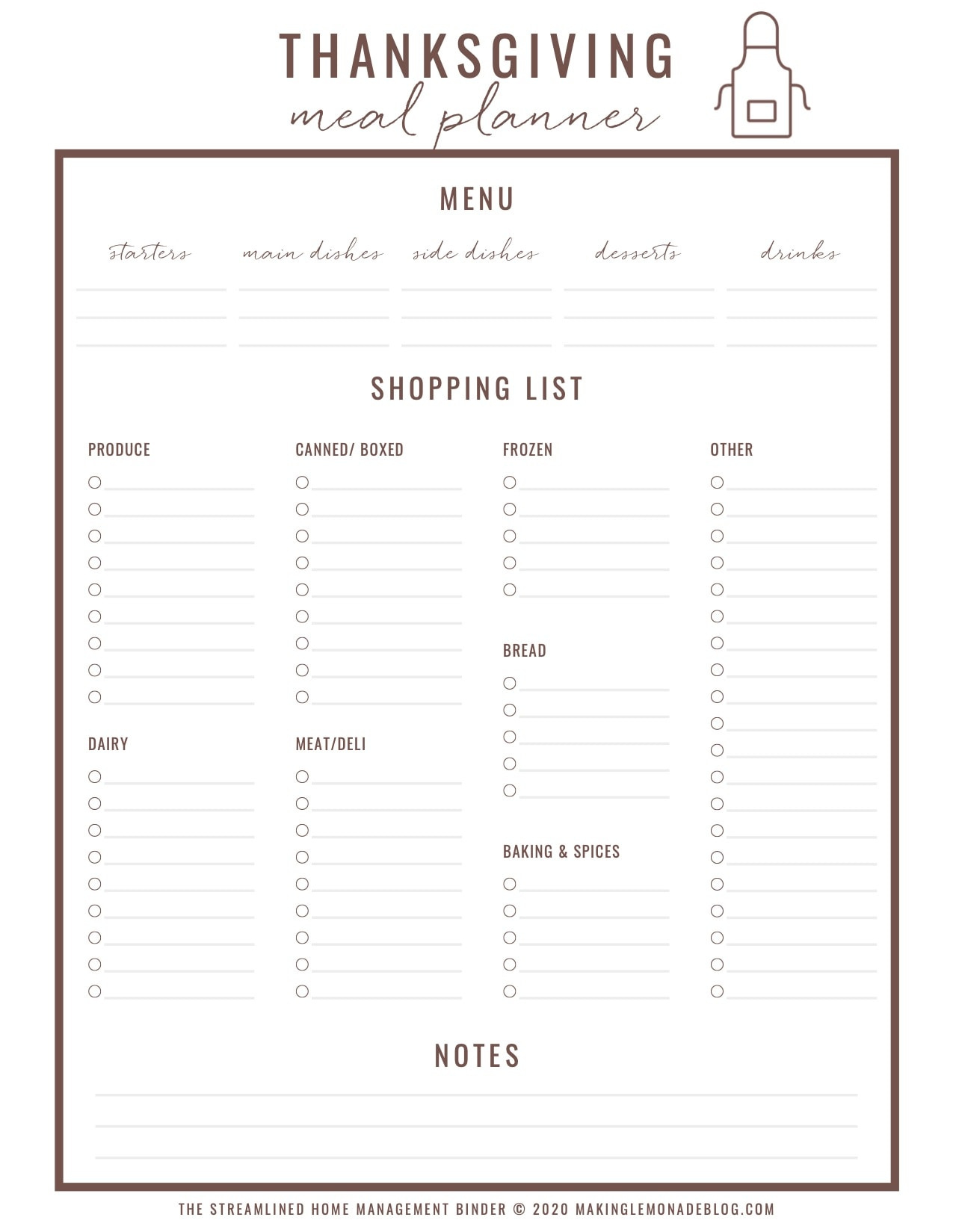 Free Printable Thanksgiving Menu Planner &amp;amp; Checklist - Making Lemonade in Free Printable Thanksgiving Planner