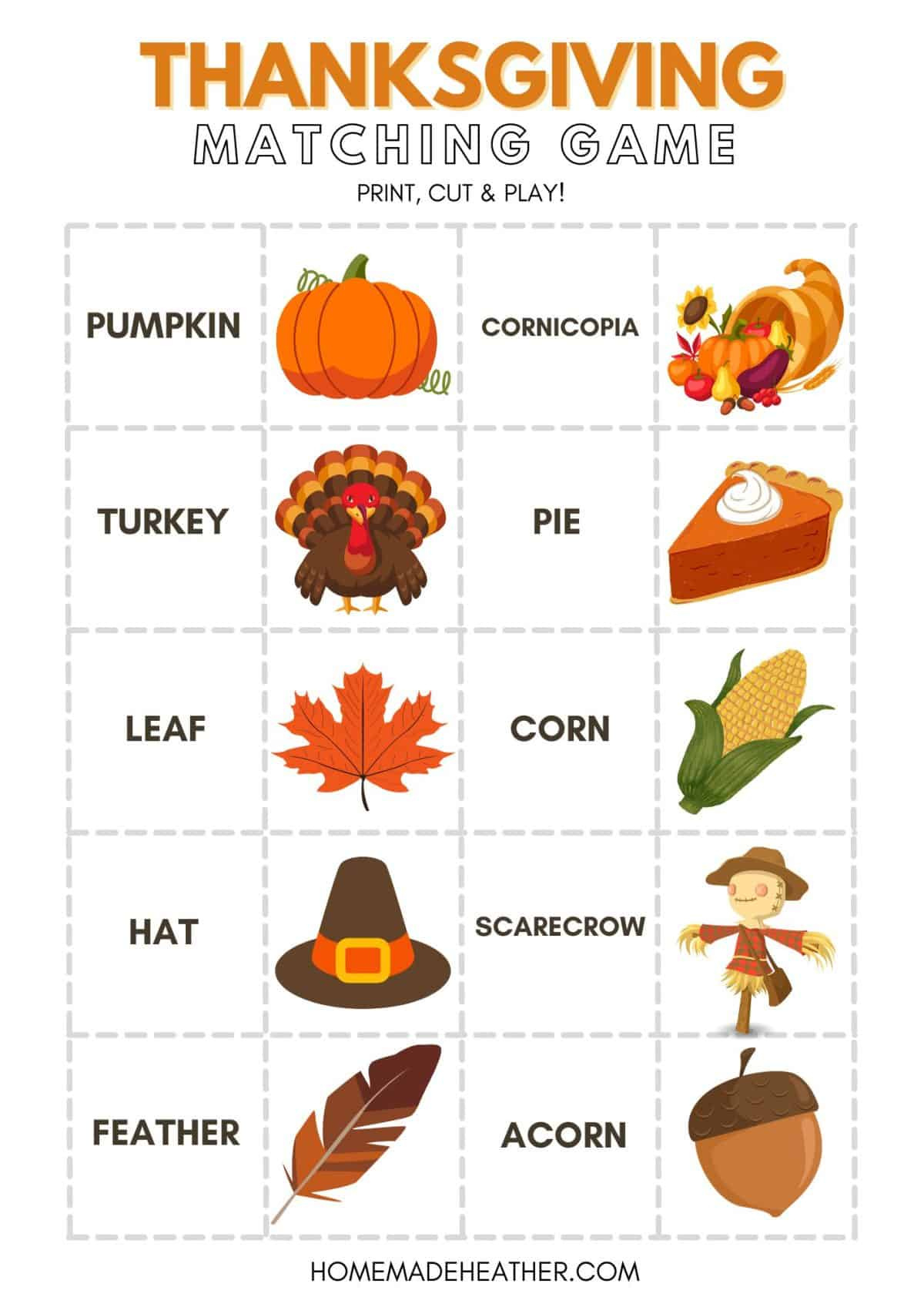 Free Thanksgiving Matching Game Printable » Homemade Heather for Thanksgiving Matching Worksheet