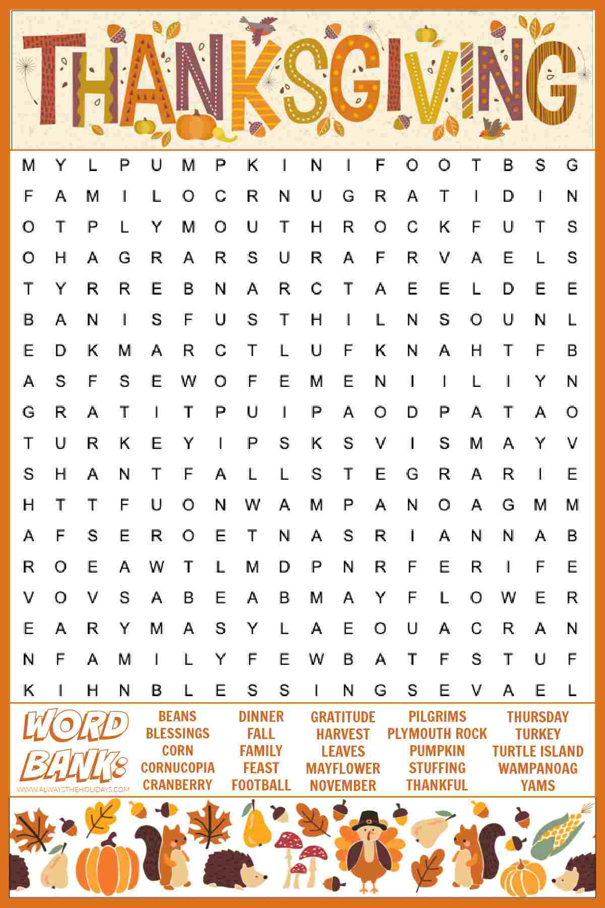 Free Thanksgiving Word Search Printable - With Answers Included in Thanksgiving Word Find Printable