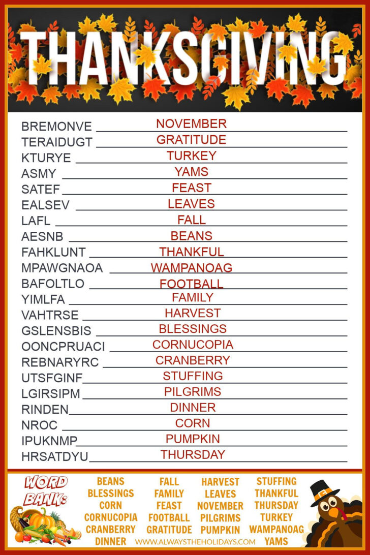 Thanksgiving Printable Word Scramble