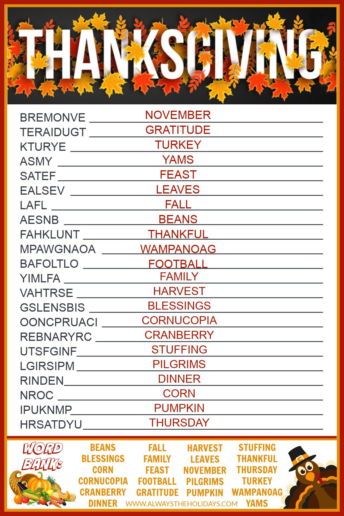 Get A Free Printable Thanksgiving Word Scramble With Answers pertaining to Thanksgiving Printable Word Scramble