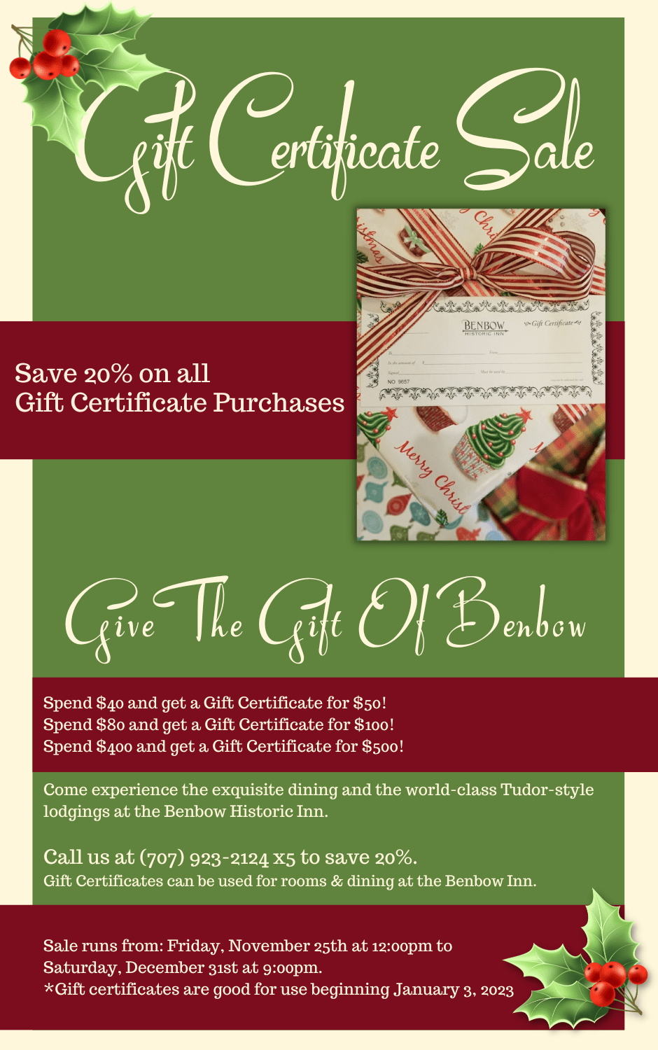 Gift Certificate Sale - Benbow Historic Inn inside Rooms To Go Thanksgiving Gift Cards