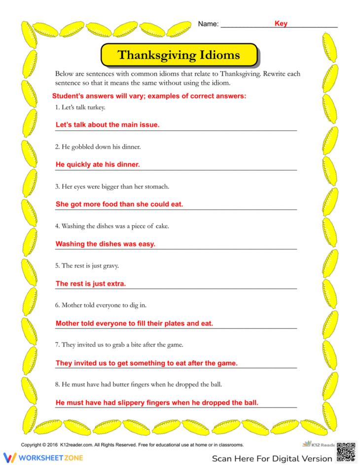 Thanksgiving Idioms Worksheet