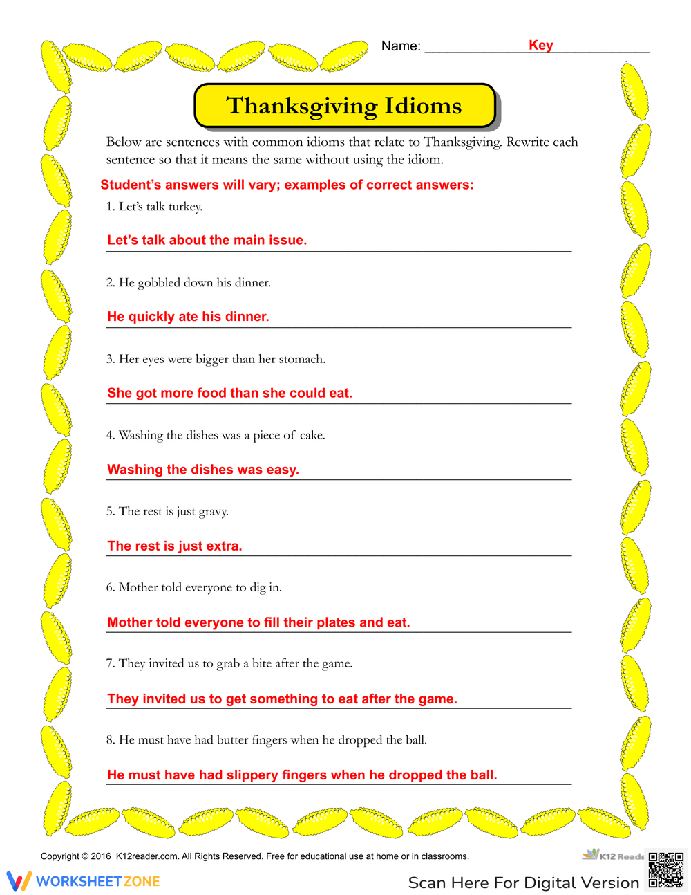 Grade 5 Thanksgiving Idioms Worksheets in Thanksgiving Idioms Worksheet