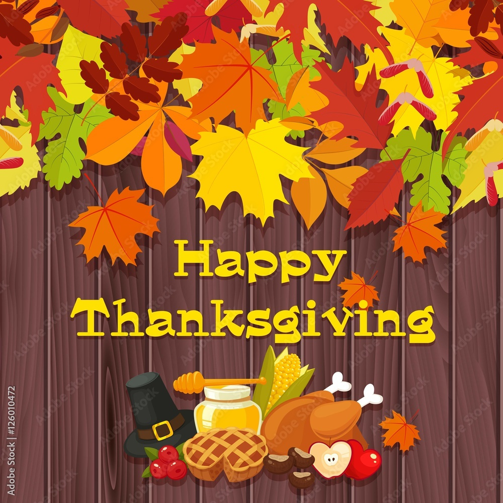 Happy Thanksgiving Day. Vector Banner With Traditional Table for Cards Happy Thanksgiving Day