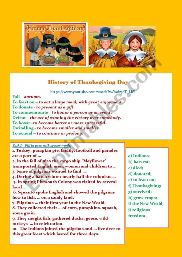 History of Thanksgiving Worksheet