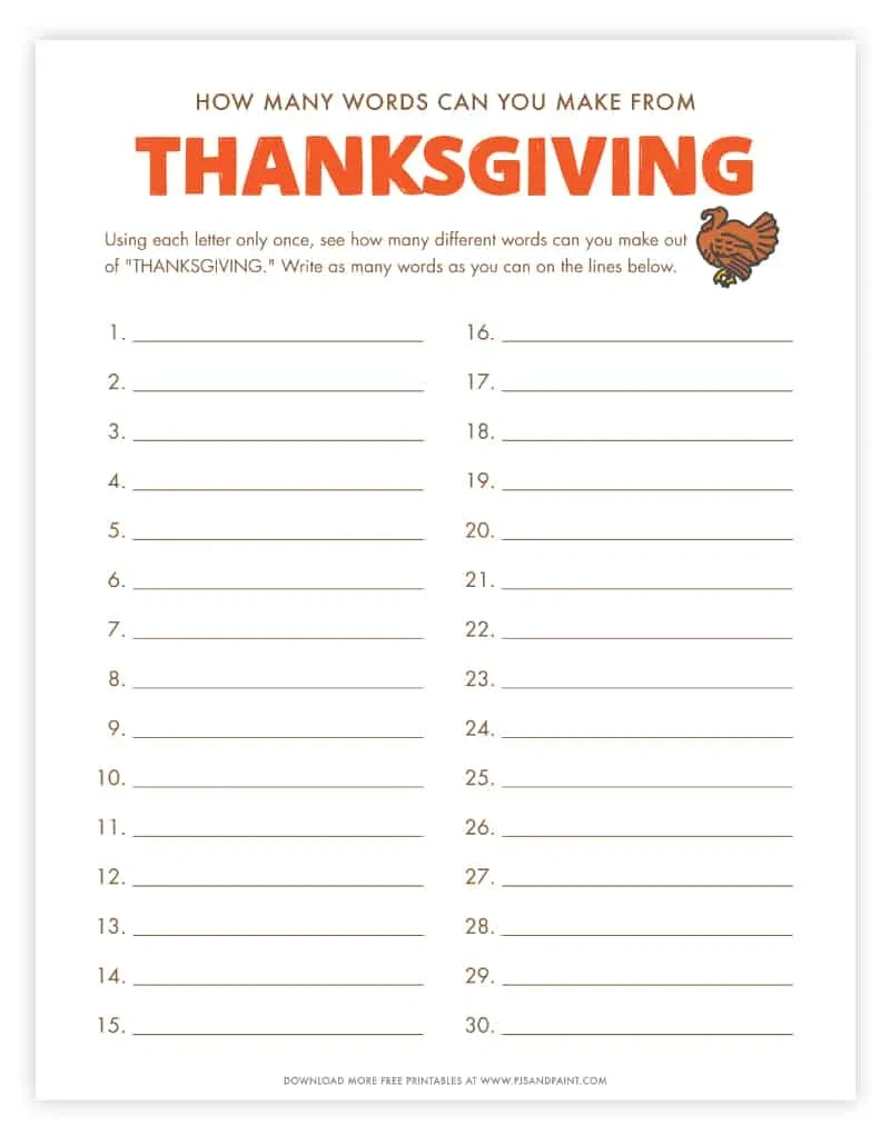 How Many Words Can You Make Out Of Thanksgiving - Free Printable pertaining to How Many Words Can You Make From Thanksgiving Worksheet