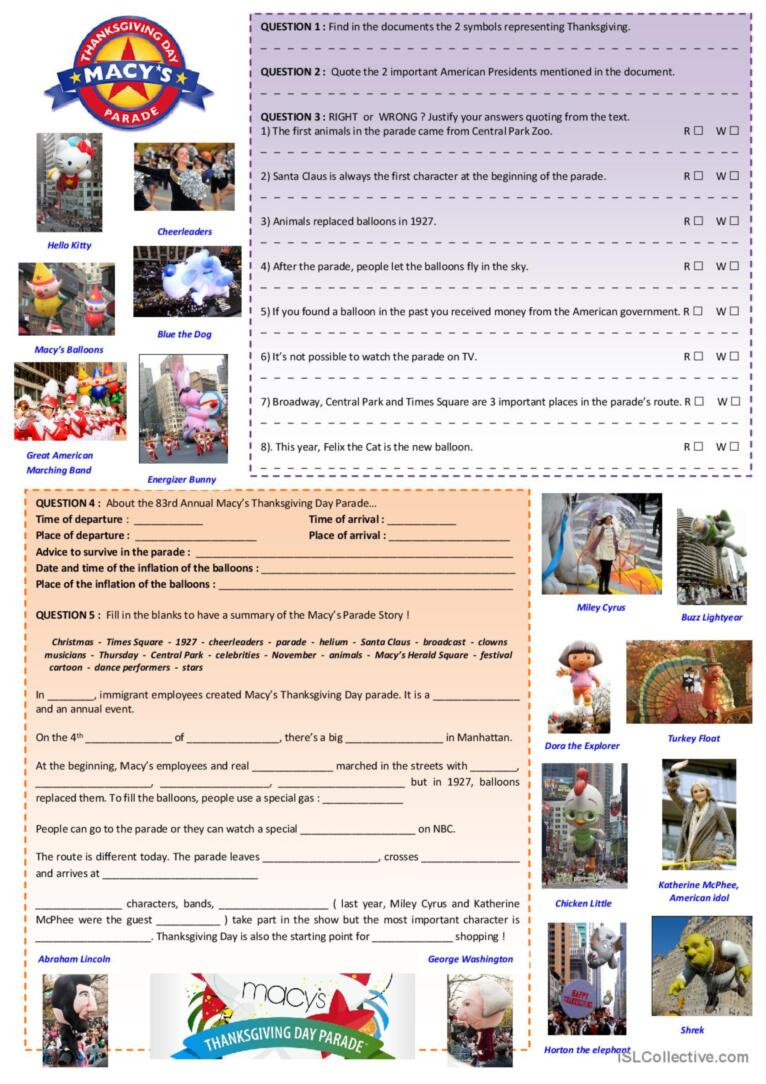 Macy&amp;#039;S Thanksgiving Day Parade Readi…: English Esl Worksheets Pdf in Macy&amp;amp;#039;s Thanksgiving Day Parade Worksheet