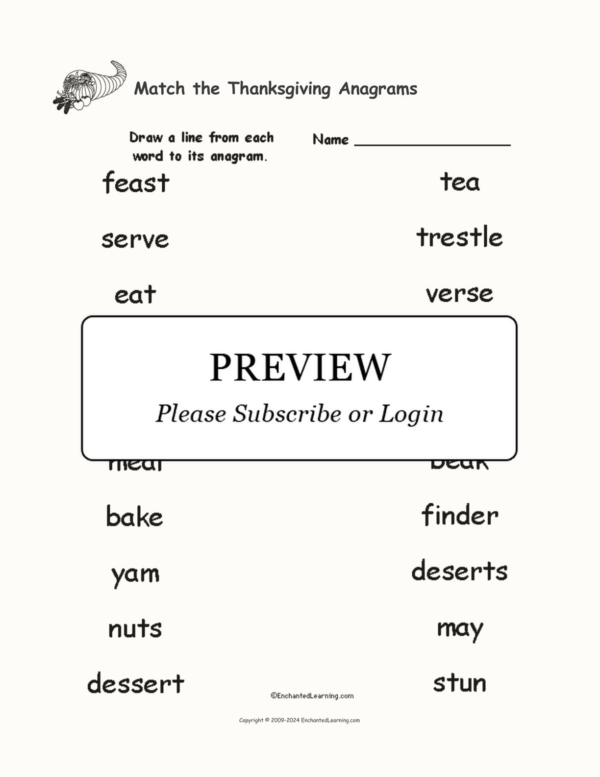 Match The Thanksgiving Anagrams - Enchanted Learning intended for Thanksgiving Anagrams Worksheet Answers