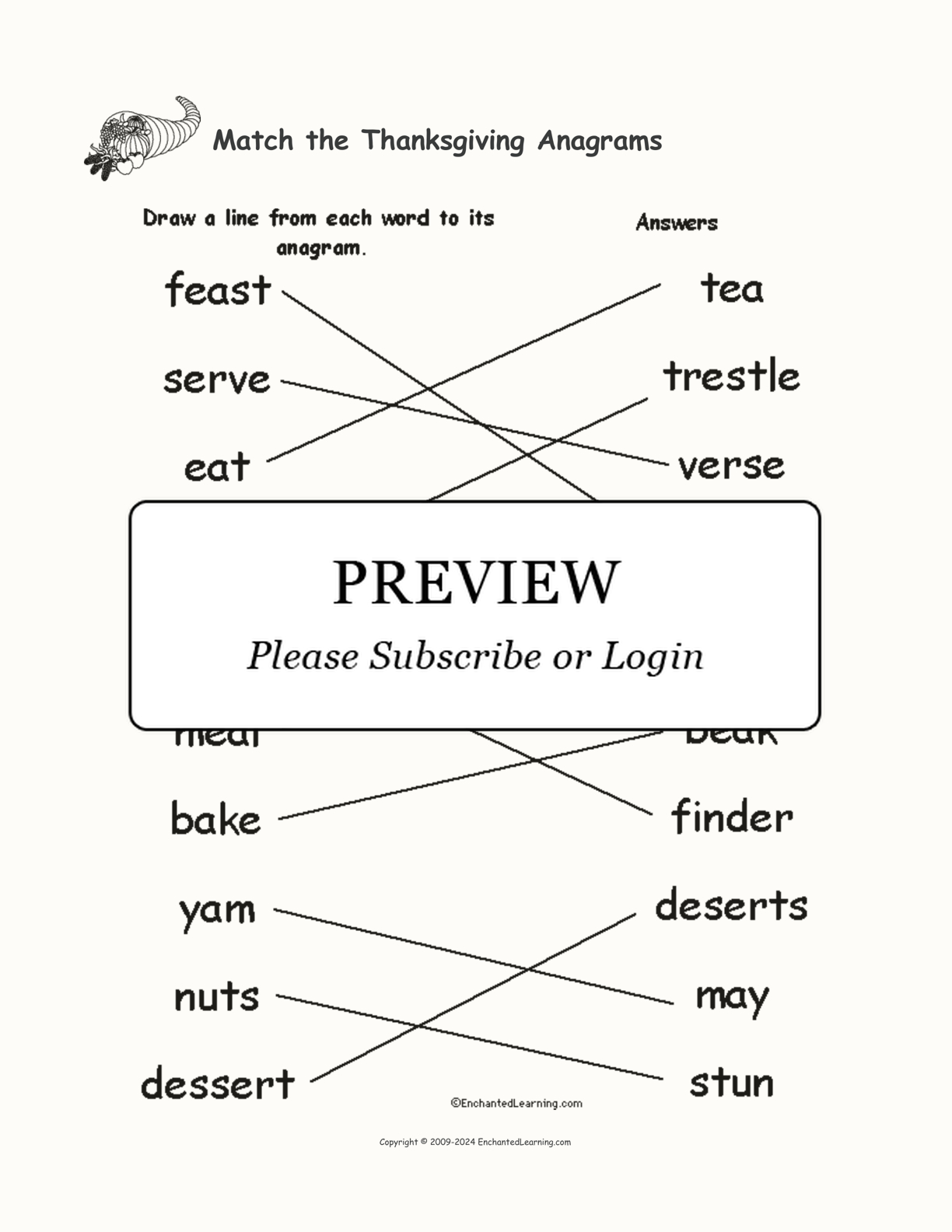 Match The Thanksgiving Anagrams - Enchanted Learning intended for Thanksgiving Anagrams Worksheet Answers