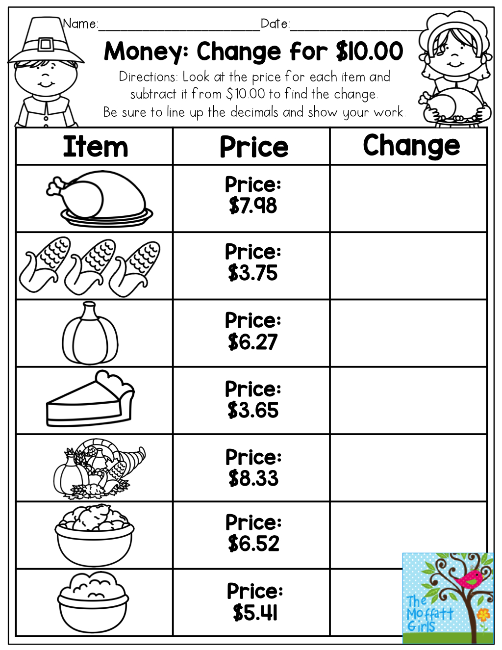 Money: Making Change For $10.00. Such A Cute Idea For Getting with Thanksgiving Money Math Worksheets