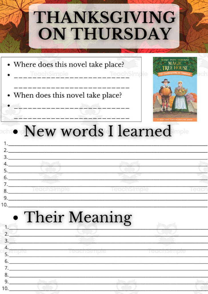 Magic Tree House Thanksgiving On Thursday Worksheets