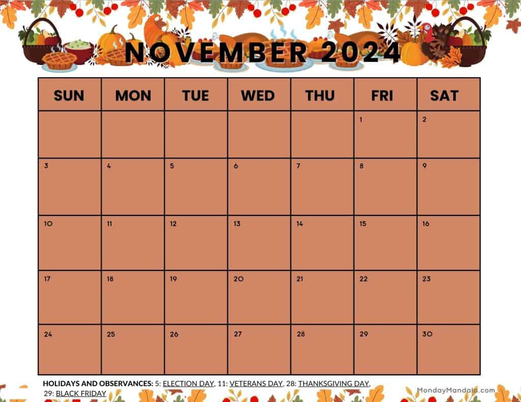 November 2024 Calendars (52 Free Printable Pdfs) for November 2024 Calendar Thanksgiving Printable