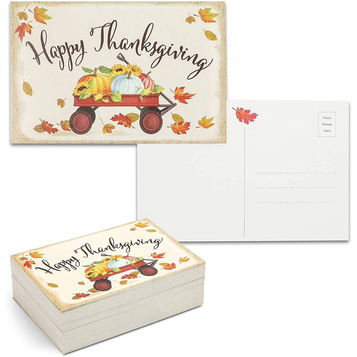 Pipilo Press 96 Pack Thanksgiving Postcards For Fall, Happy Thanksgiving Cards Bulk Set With Wagon, Pumpkin, Maple Leaves Design, Autumn Harvest Blank inside Thanksgiving Cards in Bulk