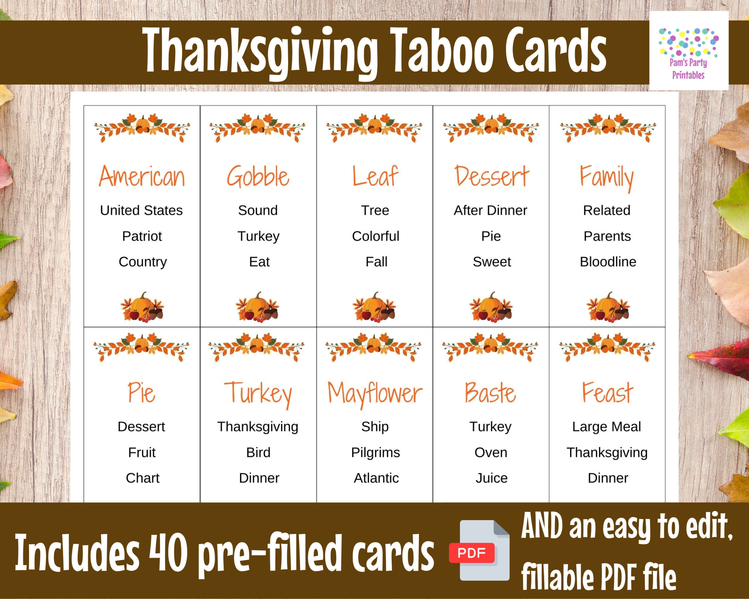 Printable/Editable Thanksgiving Taboo Game Cards, Thanksgiving in Thanksgiving Cards Games