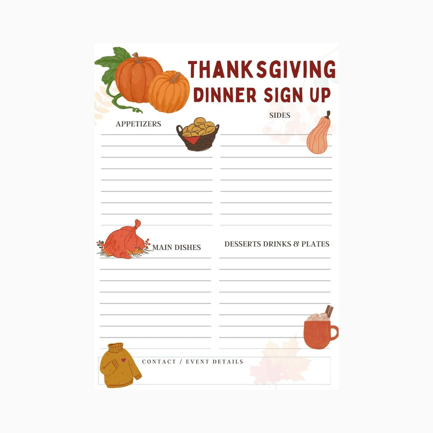 Printable Thanksgiving Potluck Sign Up Sheet, Thanksgiving Dinner in Printable Thanksgiving Sign Up Sheet