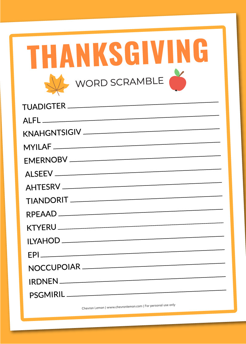 Printable Thanksgiving Word Scramble - Chevron Lemon for Free Printable Thanksgiving Word Scramble