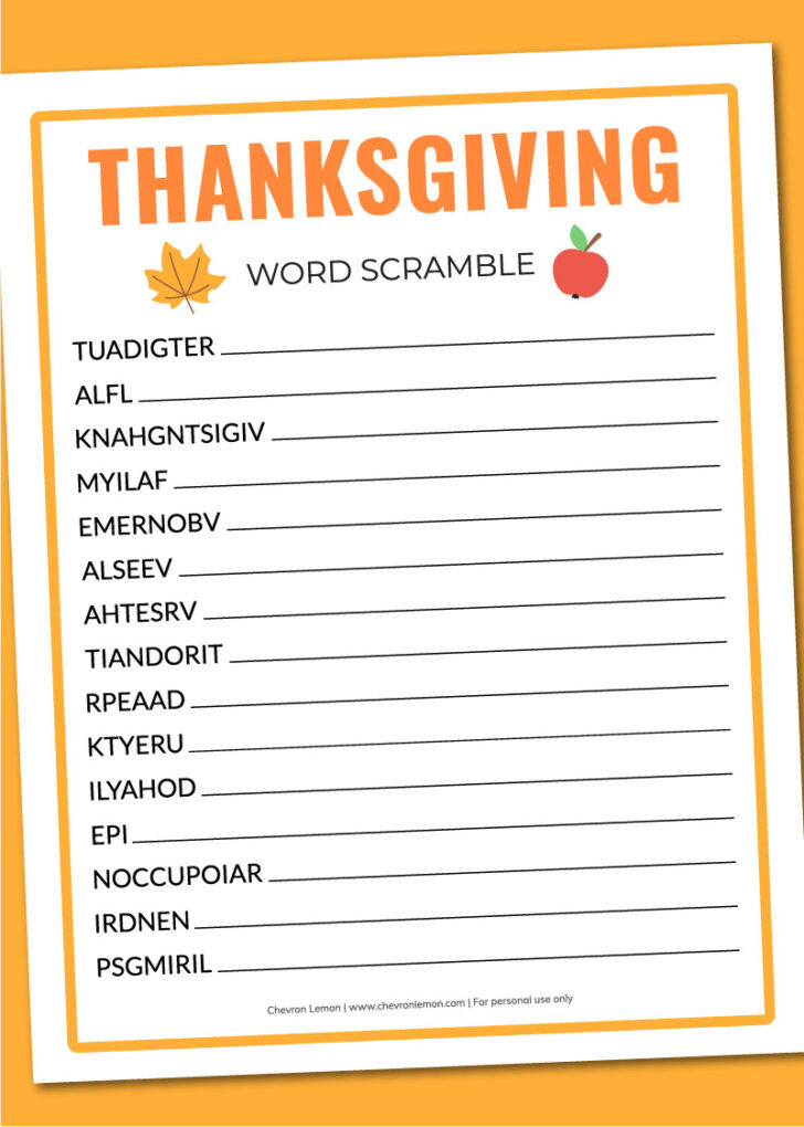 Thanksgiving Scrambled Words Printable