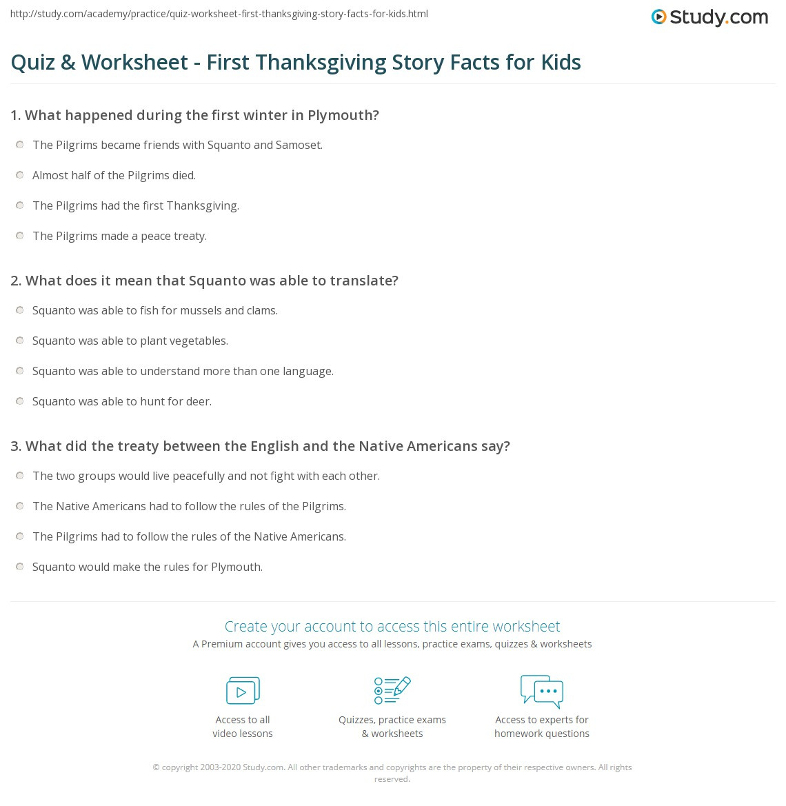 Quiz &amp;amp; Worksheet - First Thanksgiving Story Facts For Kids | Study for The First Thanksgiving Worksheet Answers