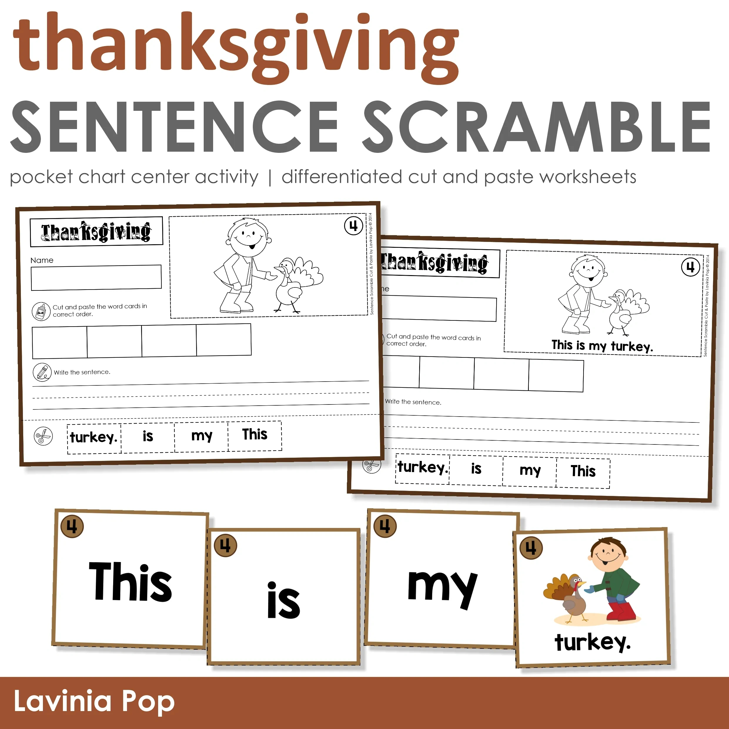 Sentence Scramble Pocket Chart Activity With Cut And Paste Worksheets: Thanksgiving for Cut And Paste Thanksgiving Worksheets