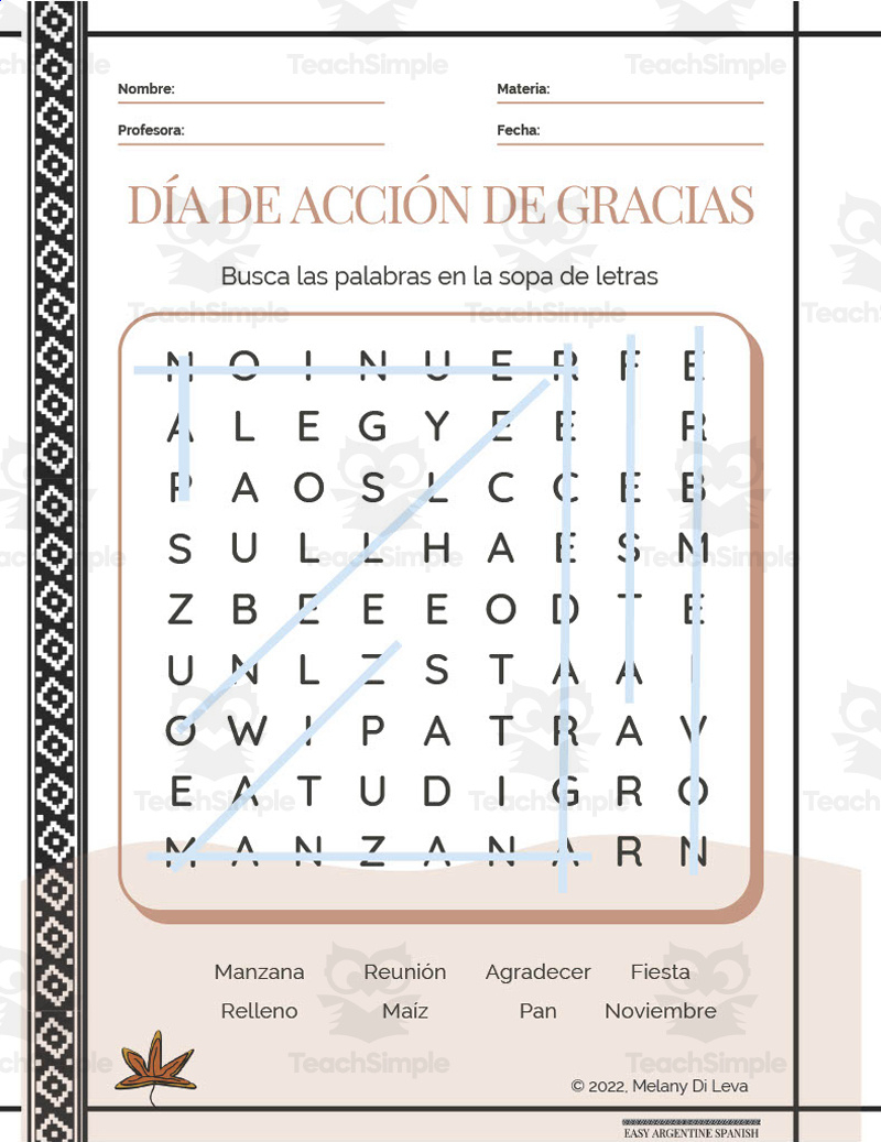 Spanish: Thanksgiving Day Word Search Packetteach Simple inside Spanish Thanksgiving Vocabulary Worksheets