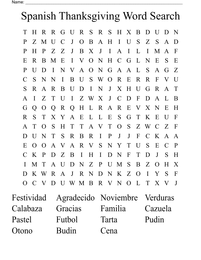 Spanish Thanksgiving Word Search - Wordmint in Spanish Thanksgiving Vocabulary Worksheets