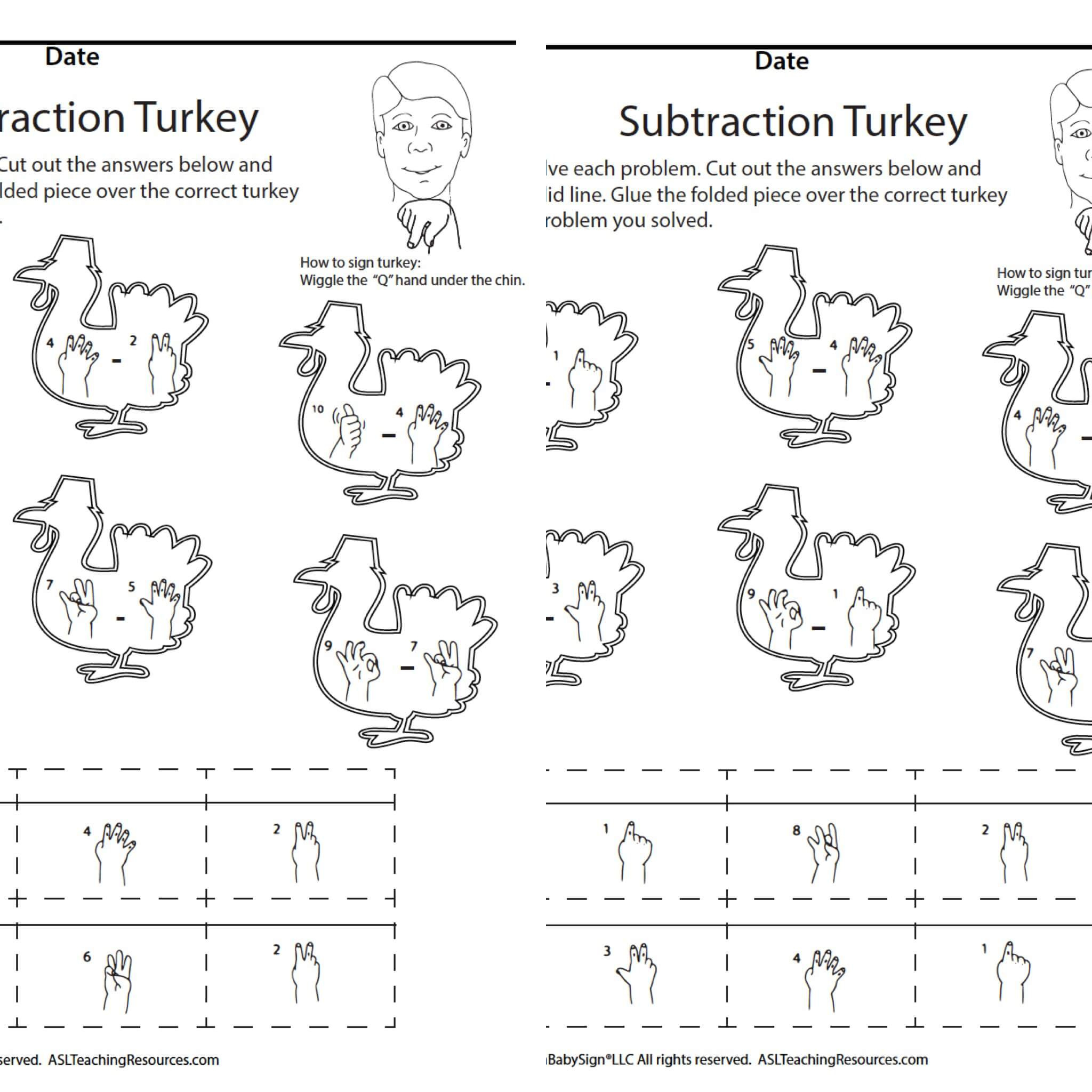 Subtraction Turkey - Asl Teaching Resources regarding Thanksgiving Subtraction Worksheets