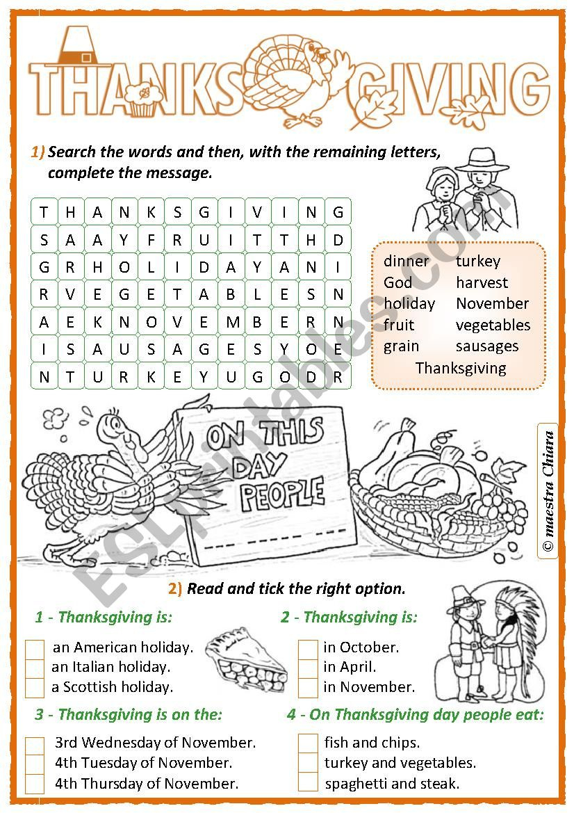 Thanksgiving * Activity * - Esl Worksheetchiaretta with regard to Thanksgiving Day Worksheets Esl